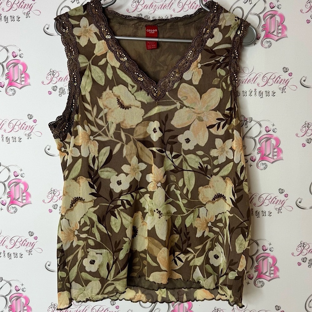 Olsen Europe tank top embroidered beads Floral V-Neck Blouse - Brown and Cream
